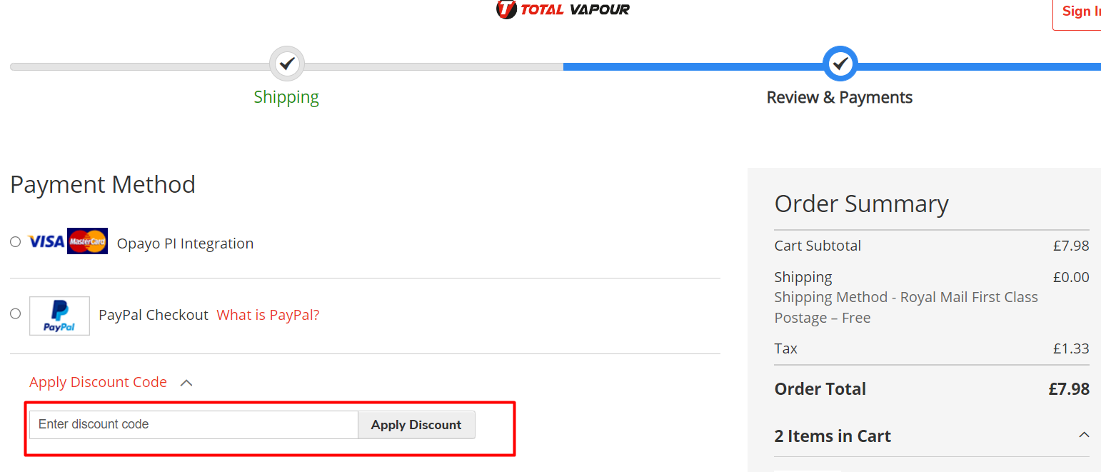 How do I use my Total Vapour discount code?