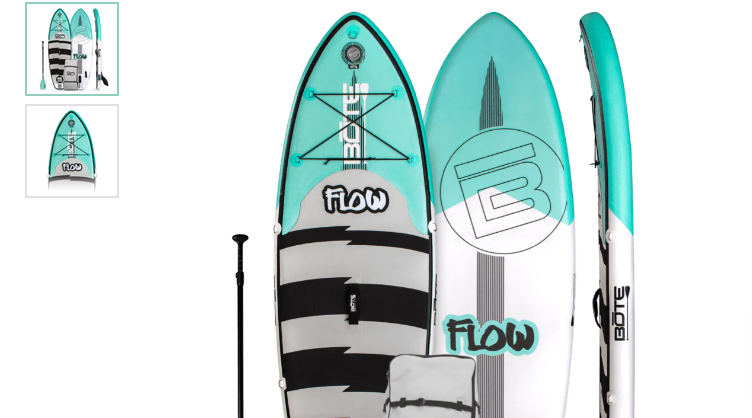 A blue and white paddle board on a white background. Two smaller images showing different angles
