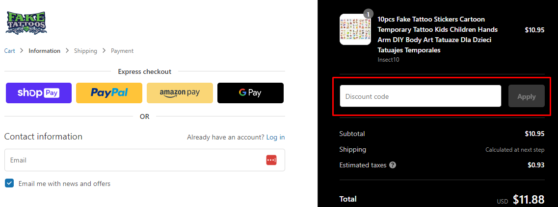 How do I use my Fake Tattoos discount code?