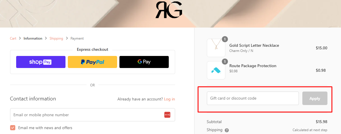 How do I use my RG discount code?