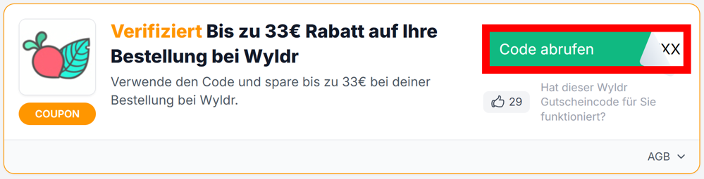 Angaben zu einem Gutschein von wyldr mit einem rotmarkierten grünen Button