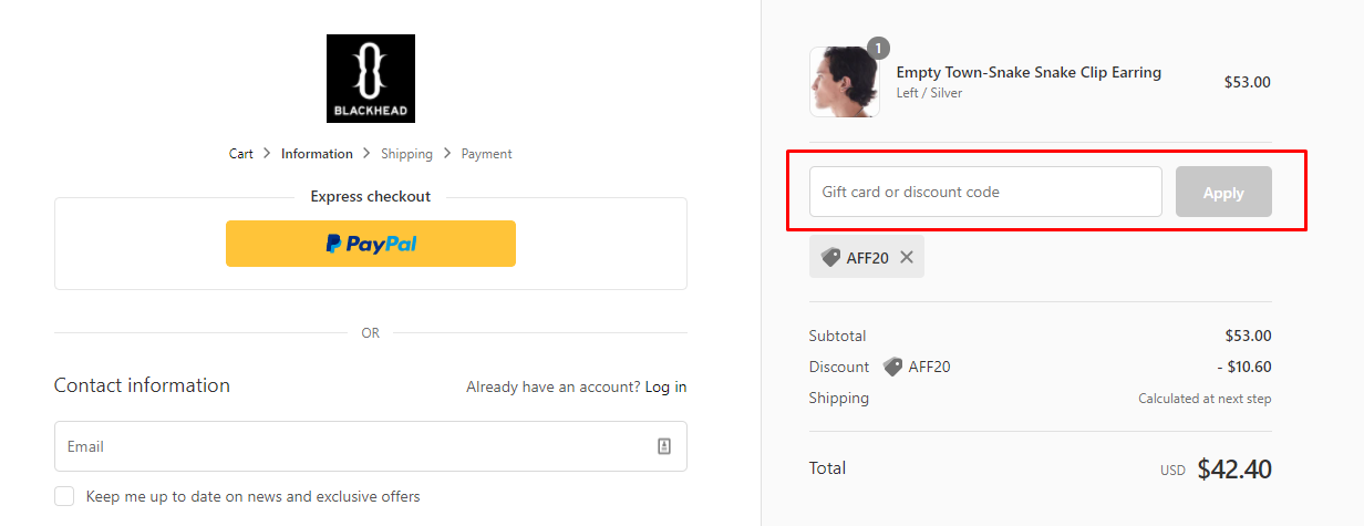 How do I use my Blackhead Jewelry discount code?
