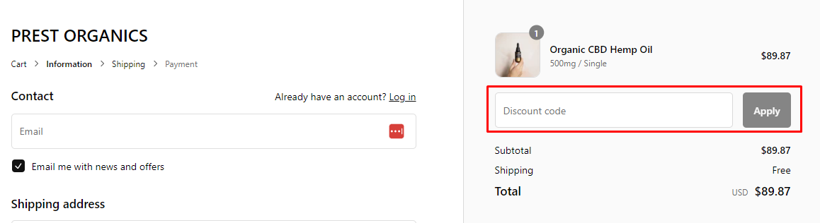 How do I use my PREST ORGANICS discount code?