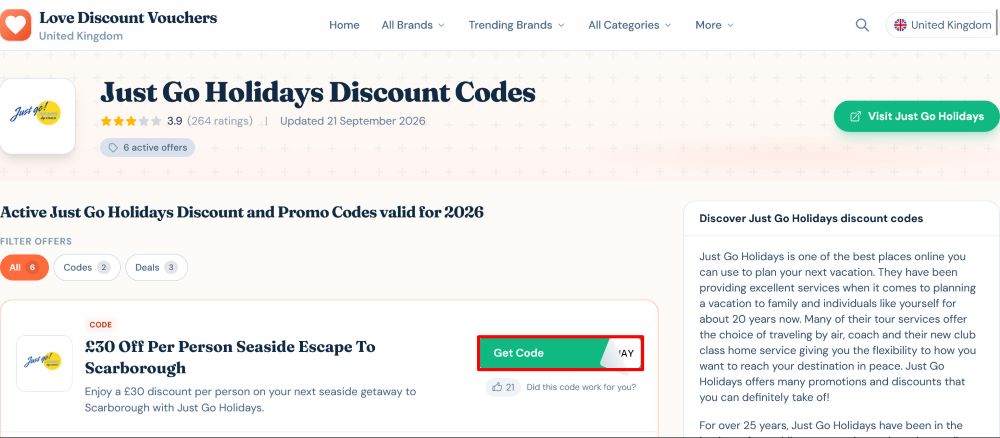 The page where you copy a Just Go Holidays code