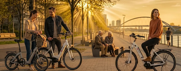 Mehrere Menschen auf E-Bikes von As viva vor einem Sonnenuntergang