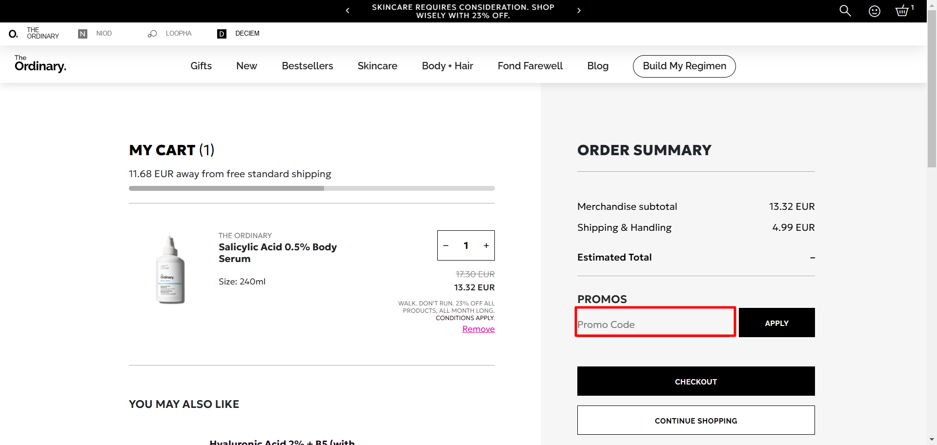 carrello del sito ufficiale The Ordinary dove poter inserire il coupon The Ordinary