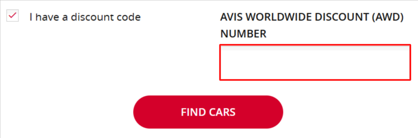 The Avis homepage with where to paste the Avis voucher code in a red box