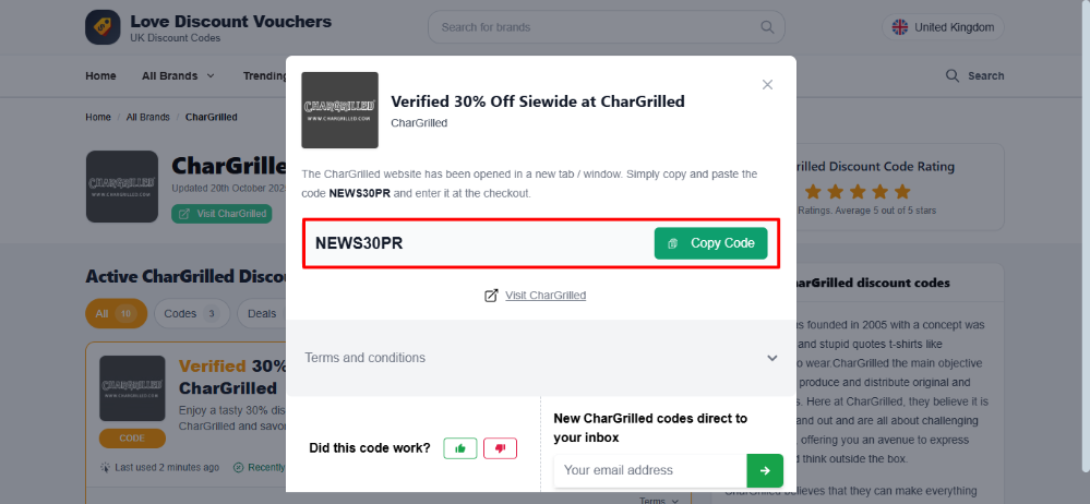 Love Discount Vouchers CharGrilled discount code that is highlighted by a red box