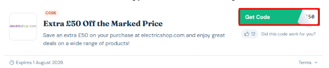 A box will show the electricshop.com voucher code to use on your purchase