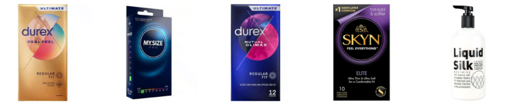 Durex Real Feel, My Size Pro, Durex Mutual Climax, Skyn Elite, and Liquid Silk Lubricant.