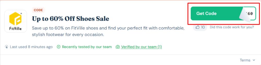 A FitVille voucher code with "Get Code" in a red box