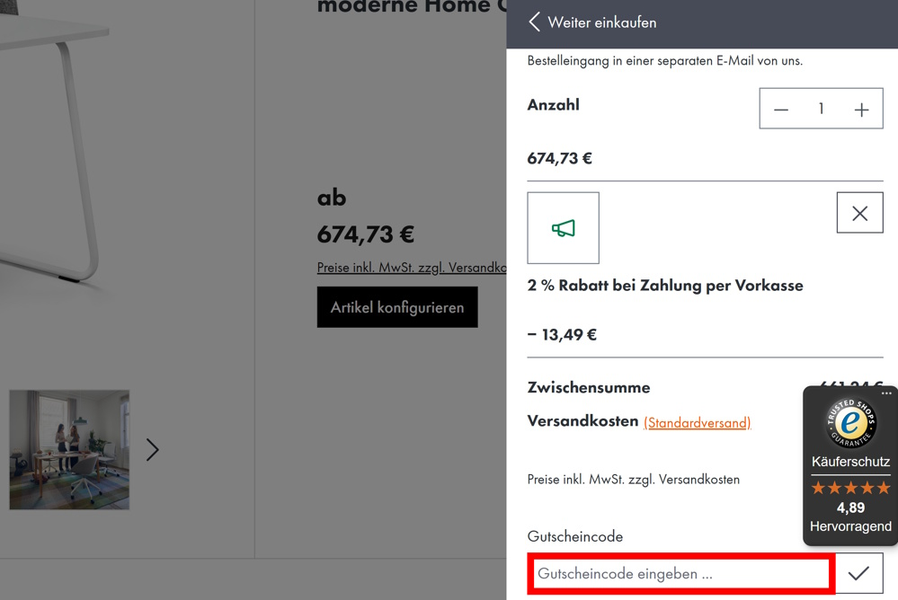 Warenkorb vom ADP OfficeDesign-Shop mit rotmarkiertem Eingabefeld für Gutscheine