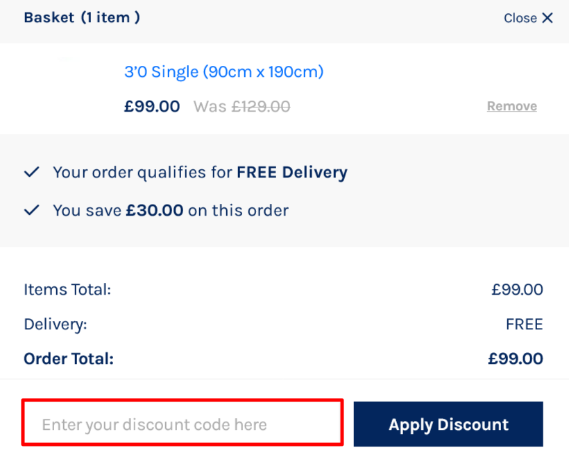 The checkout page for Dormeo where you paste the code