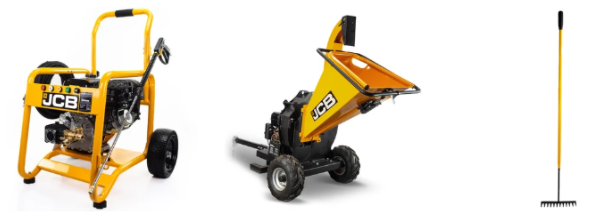 JCB Tools power washer, garden dumper and garden rake on a white background