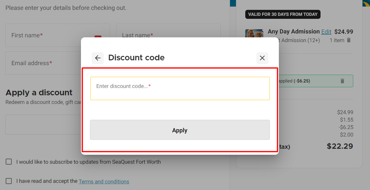 How do I use my SeaQuest discount code?