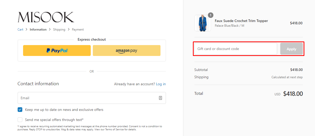 How do I use my Misook discount code?