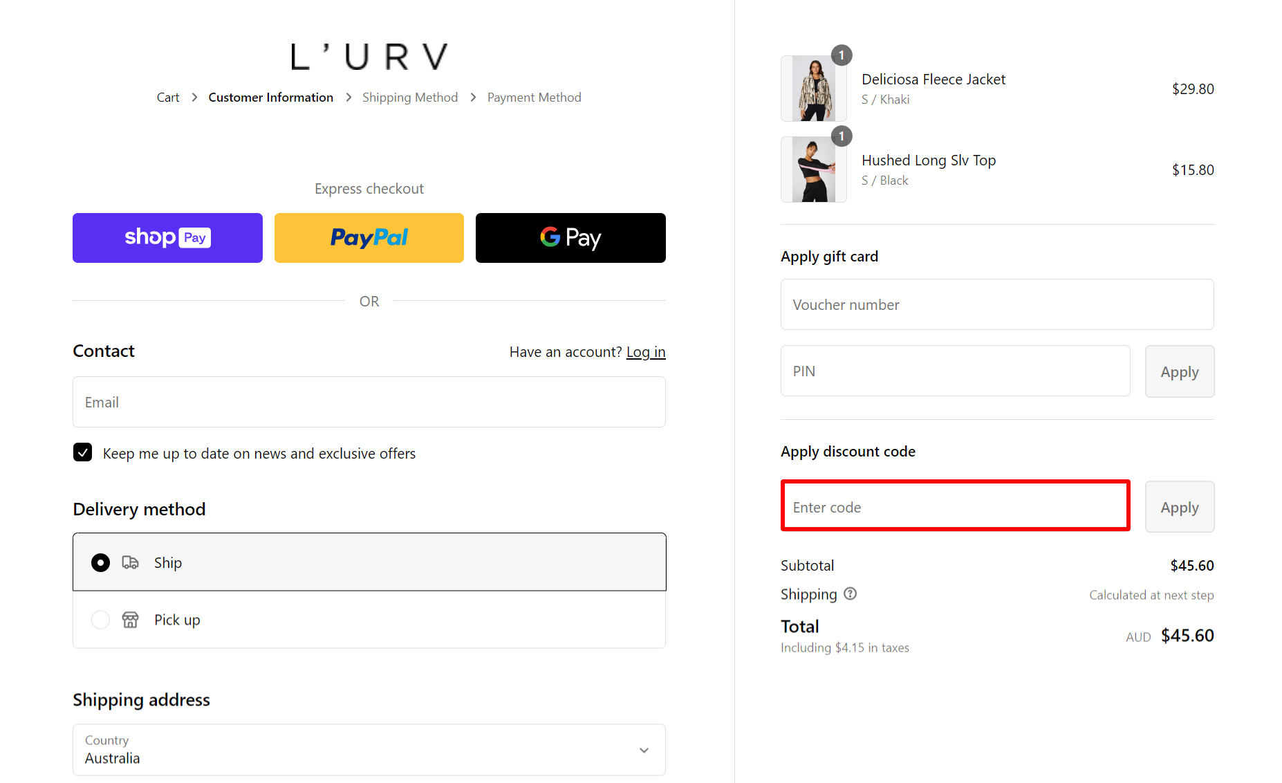 The highlighted red box at the brand checkout page is showing where to add the L'urv discount code.