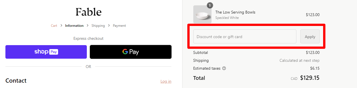 The brand checkout page with where to add the Fable Home coupon code highlighted with a red box