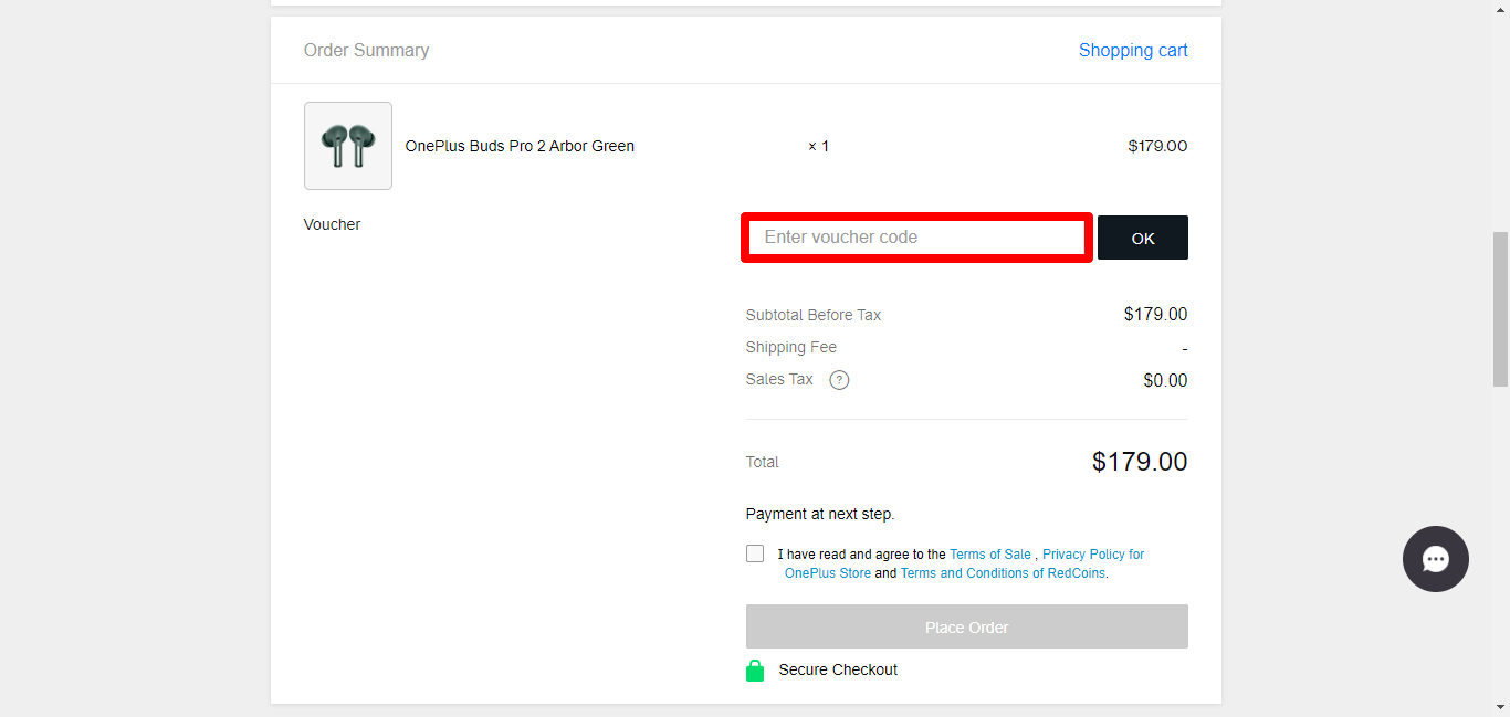 OnePlus checkout page with cart details and red box around OnePlus voucher label