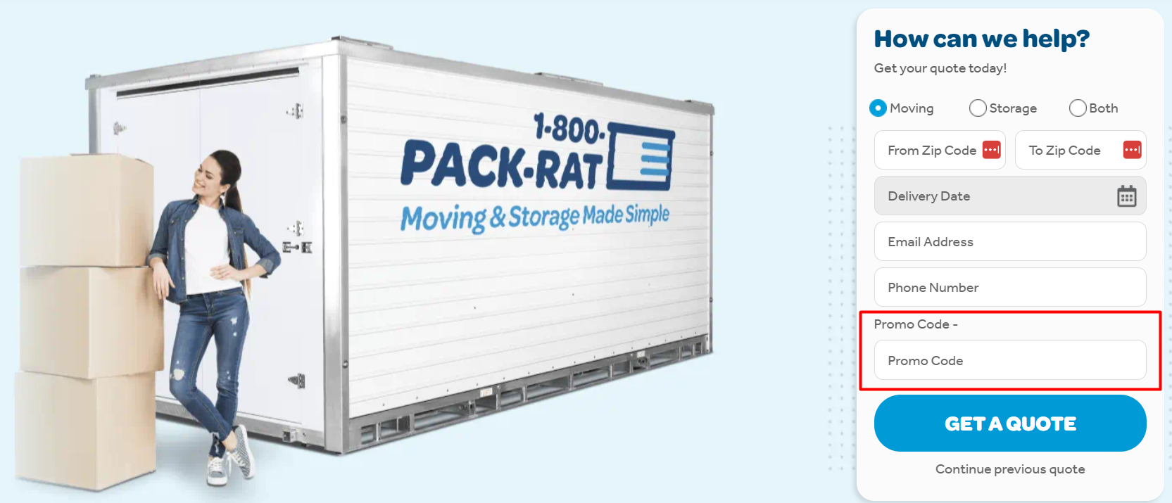 How do I use my 1-800-PACK-RAT promo code?