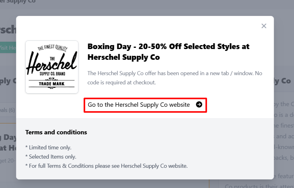 Box displayed on a darkened background of a Herschel Supply Co coupon code with the terms and conditions showing