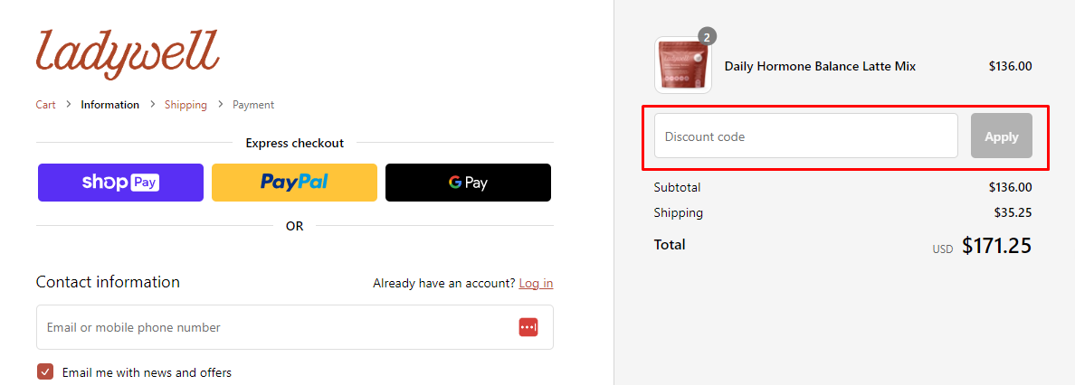 How do I use my Ladywell discount code?