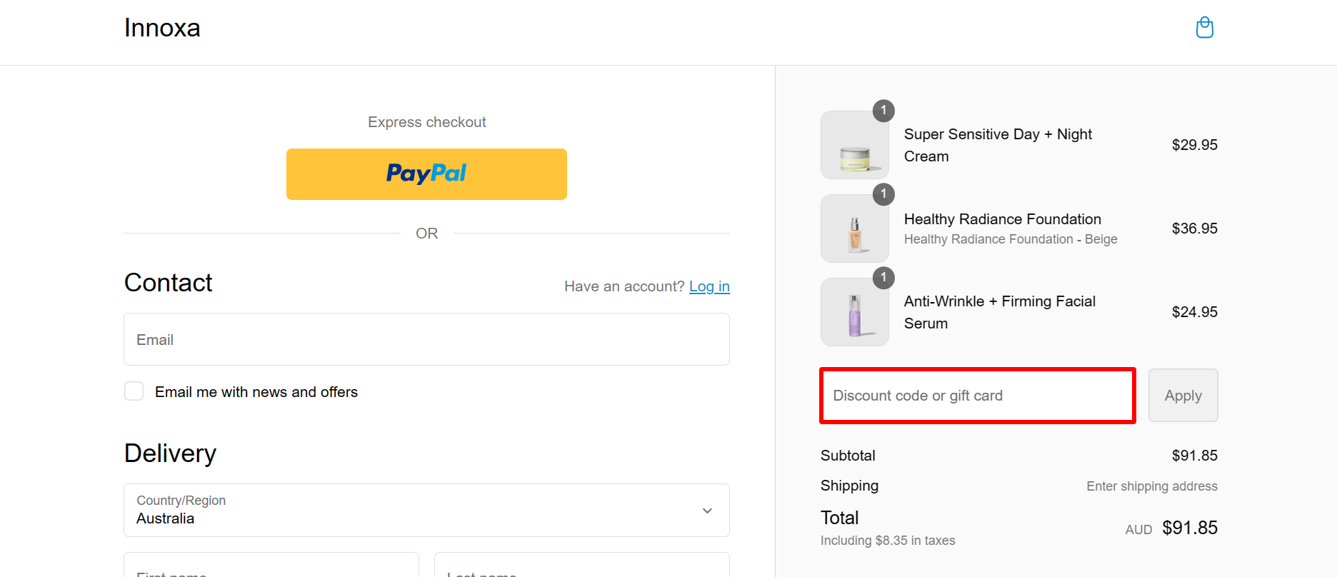 The highlighted red box at the brand checkout page is showing where to add the Innoxa discount code.