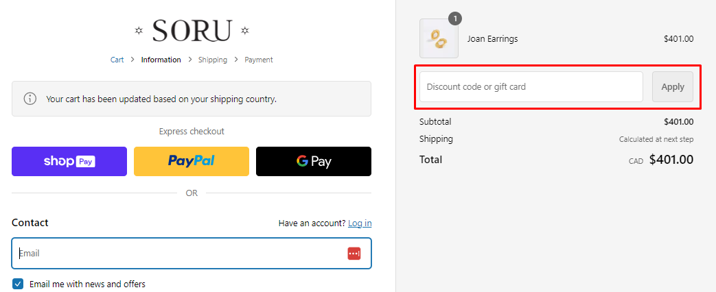 How do I use my Soru Jewellery discount code?