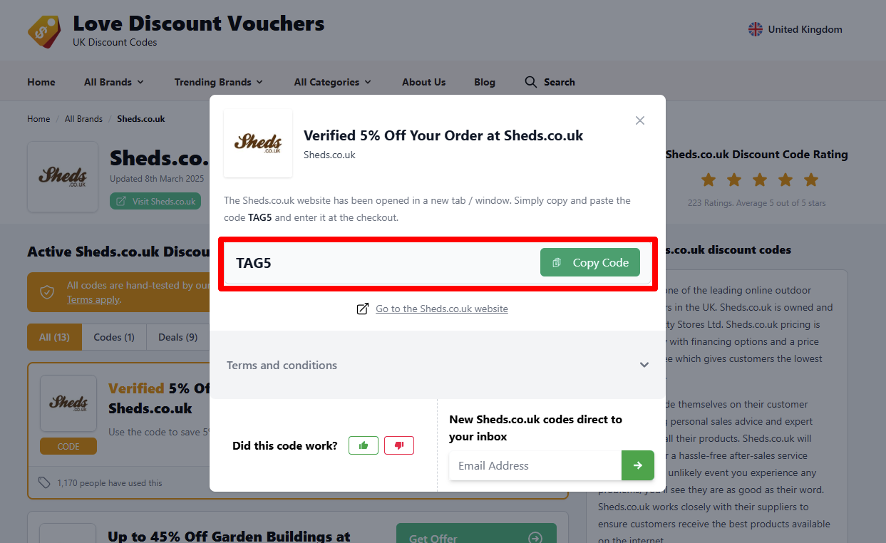 Copy your code and visit Sheds.co.uk website to start shopping