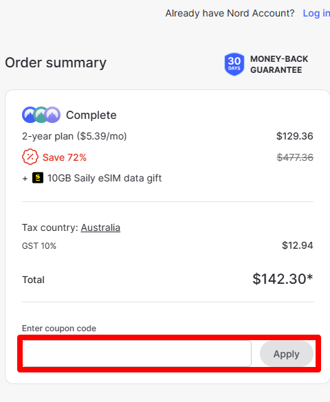 The NordVPN discount code is entered in a red box on the checkout page for the brand.