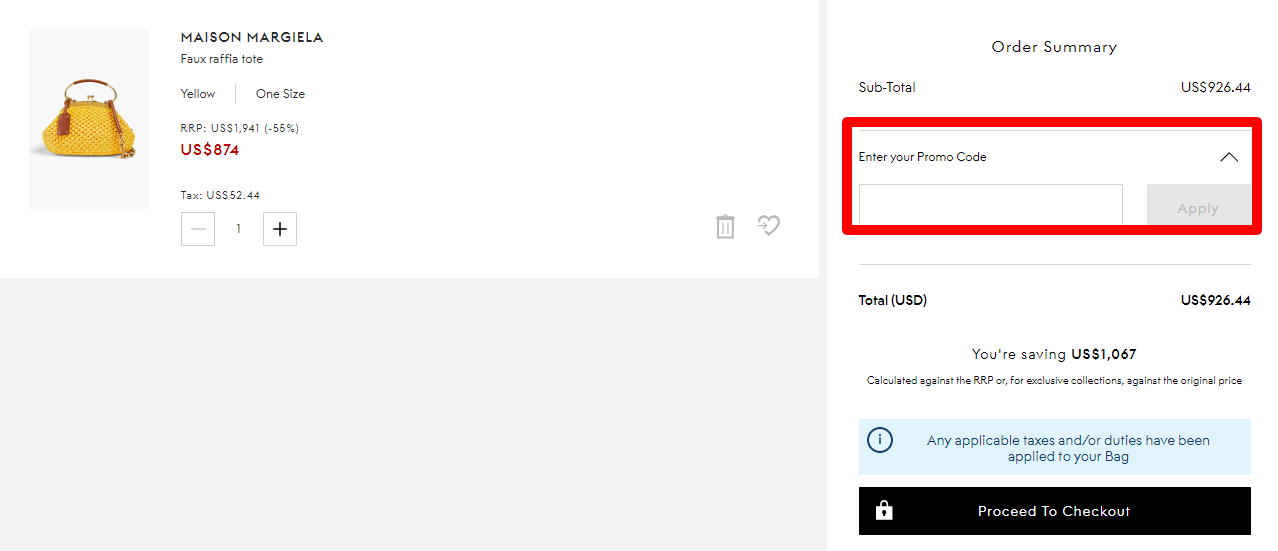 The brand checkout page with where to add the THE OUTNET promo code is highlighted with a red box