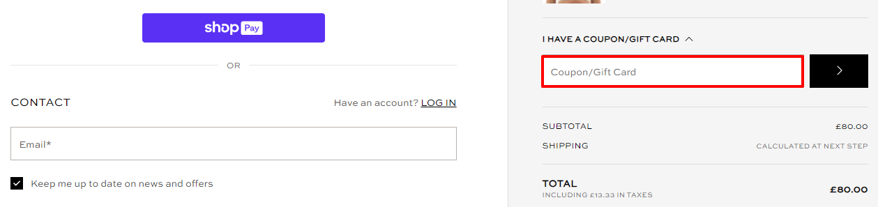 The brand checkout page with where to add the P.E Nation promo code highlighted with a red box