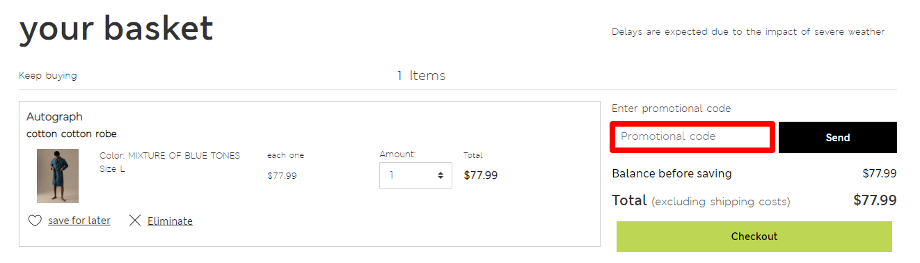Marks & Spencer checkout summary page, displaying cart items, cart total and the Marks & Spencer promo code box highlighted with a red border box