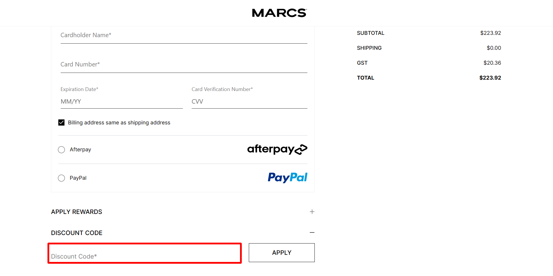 The highlighted red box at the brand checkout page is showing where to add the Marcs discount code.