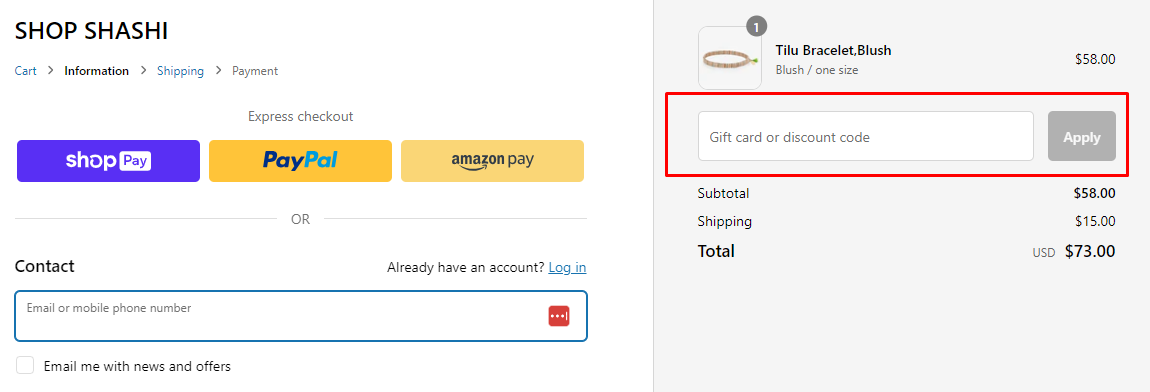 How do I use my SHASHI discount code?