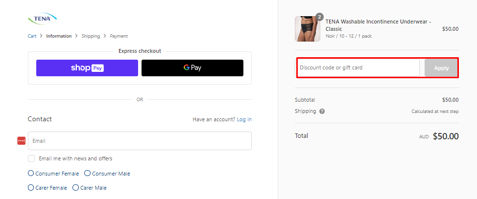 How do I use my TENA discount code?