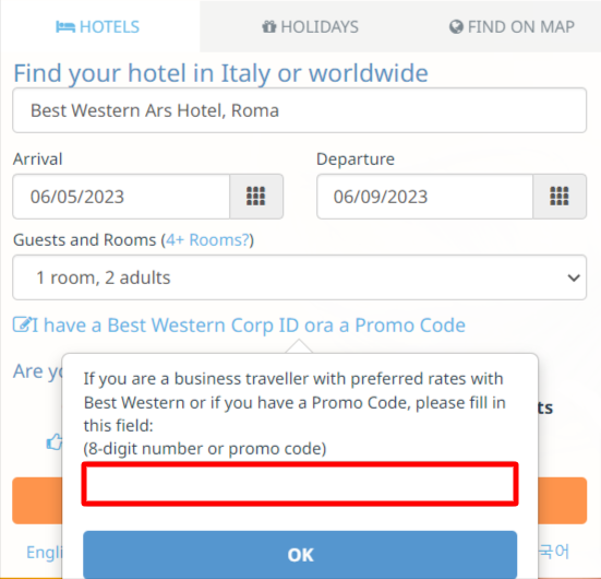 carrello del sito ufficiale Best Western in cui viene mostrata la prenotazione con un codice sconto Best Western