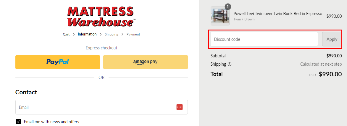 How do I use my Mattress Warehouse discount code?