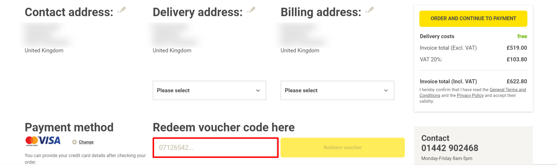The brand checkout page with where to add the Kaiser Kraft discount codes highlighted with a red box