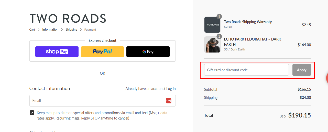 How do I use my Two Roads Hat discount code?