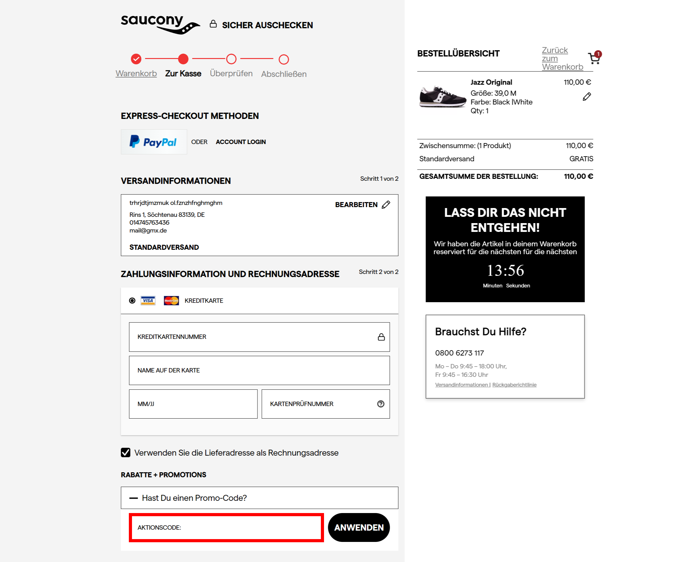 Die Kassen-Seite von Saucony mit rotmarkierter Stelle für den Saucony Gutscheincode