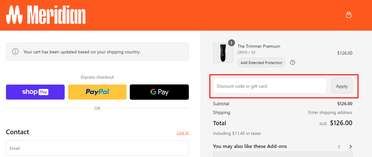 How do I use my Meridian Grooming discount code?