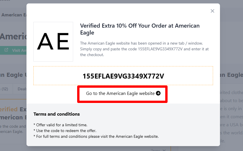 Box displayed on a darkened background of a American Eagle coupon code with the terms and conditions showing