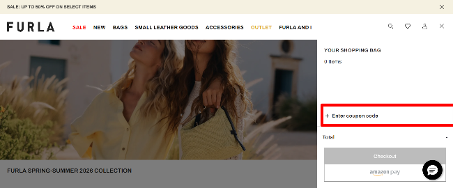 Furla shopping bag page with a highlighted discount voucher box