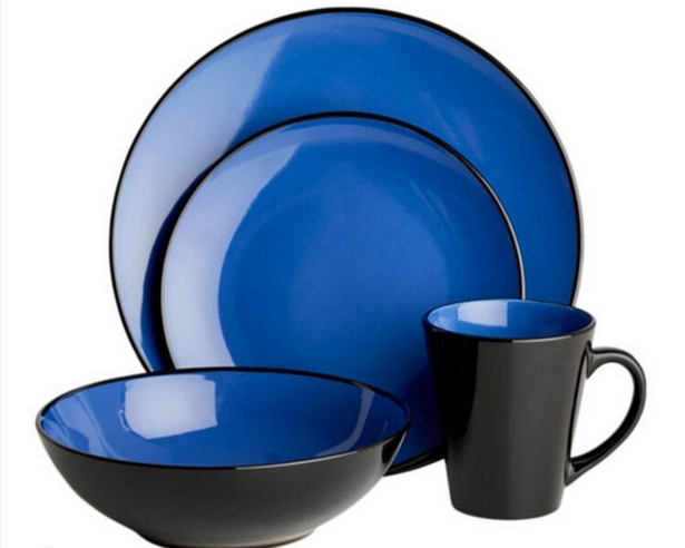 plate, cup and a bowl of 16-piece Dinner Set blue and linen with black on the exterior all on a white background