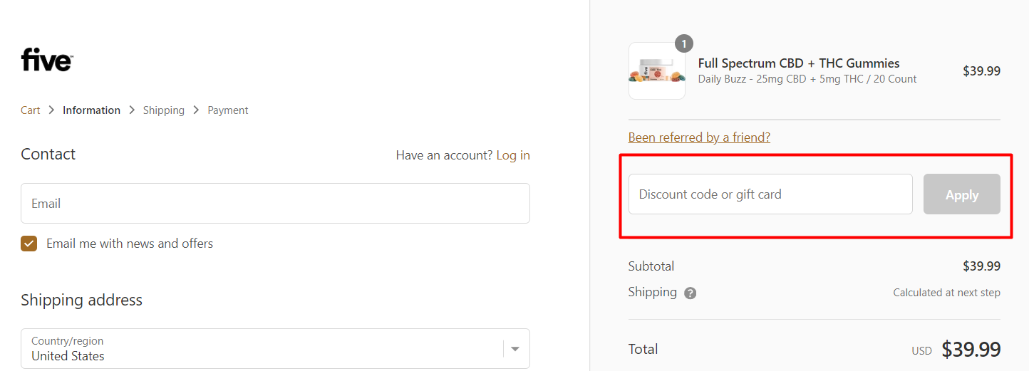How do I use my five discount code?