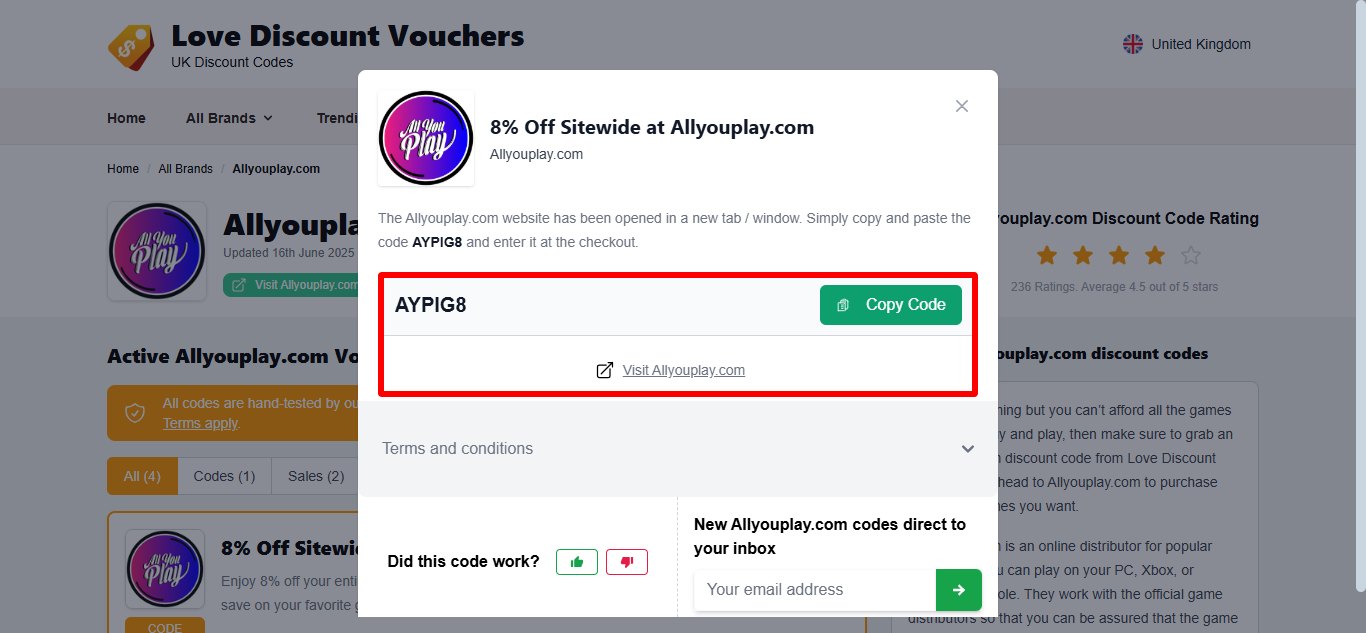 Love Discount Vouchers Allyouplay.com discount code that you can see highlighted by a red box