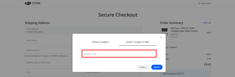 The DJI checkout page showing the coupon code box