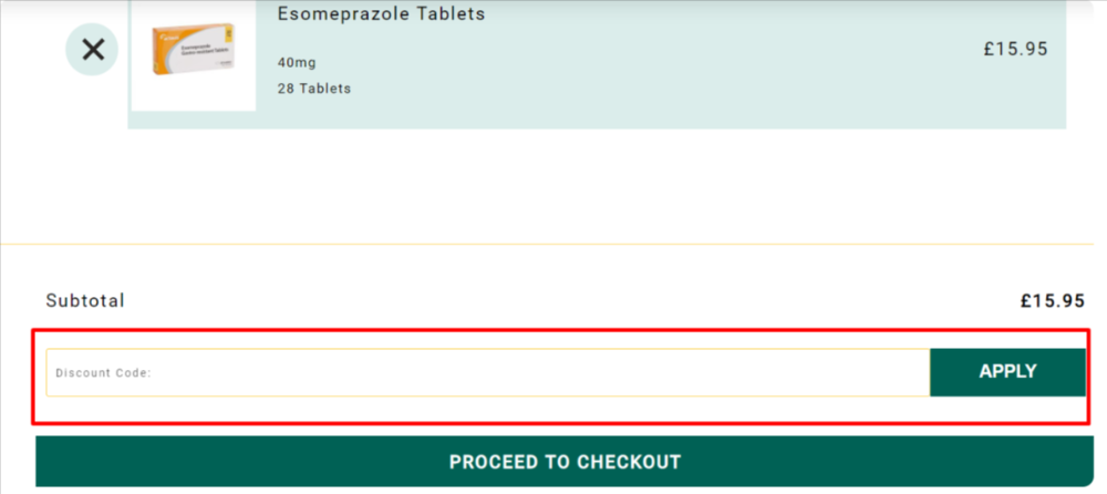 The E Surgery checkout page with where to paste the E Surgery voucher code in a red