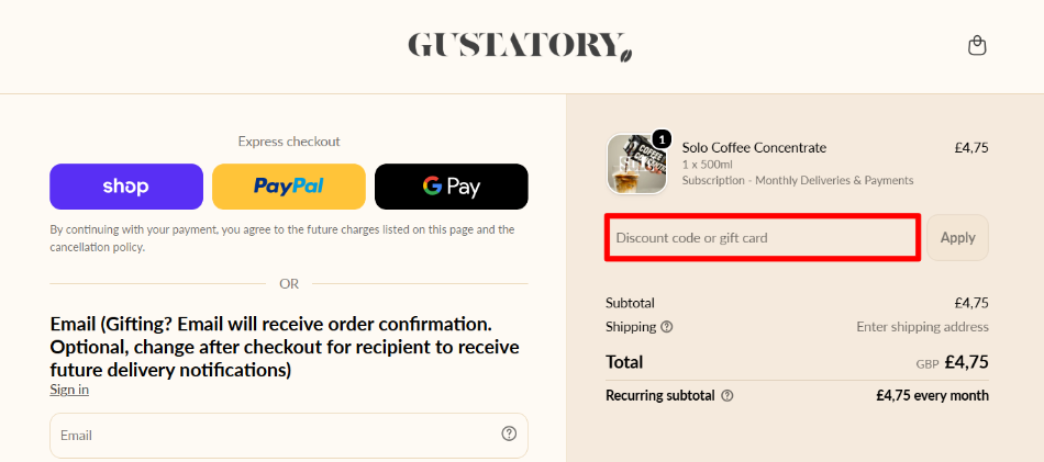 The Gustatory checkout page with the discount code box highlighted with a red box